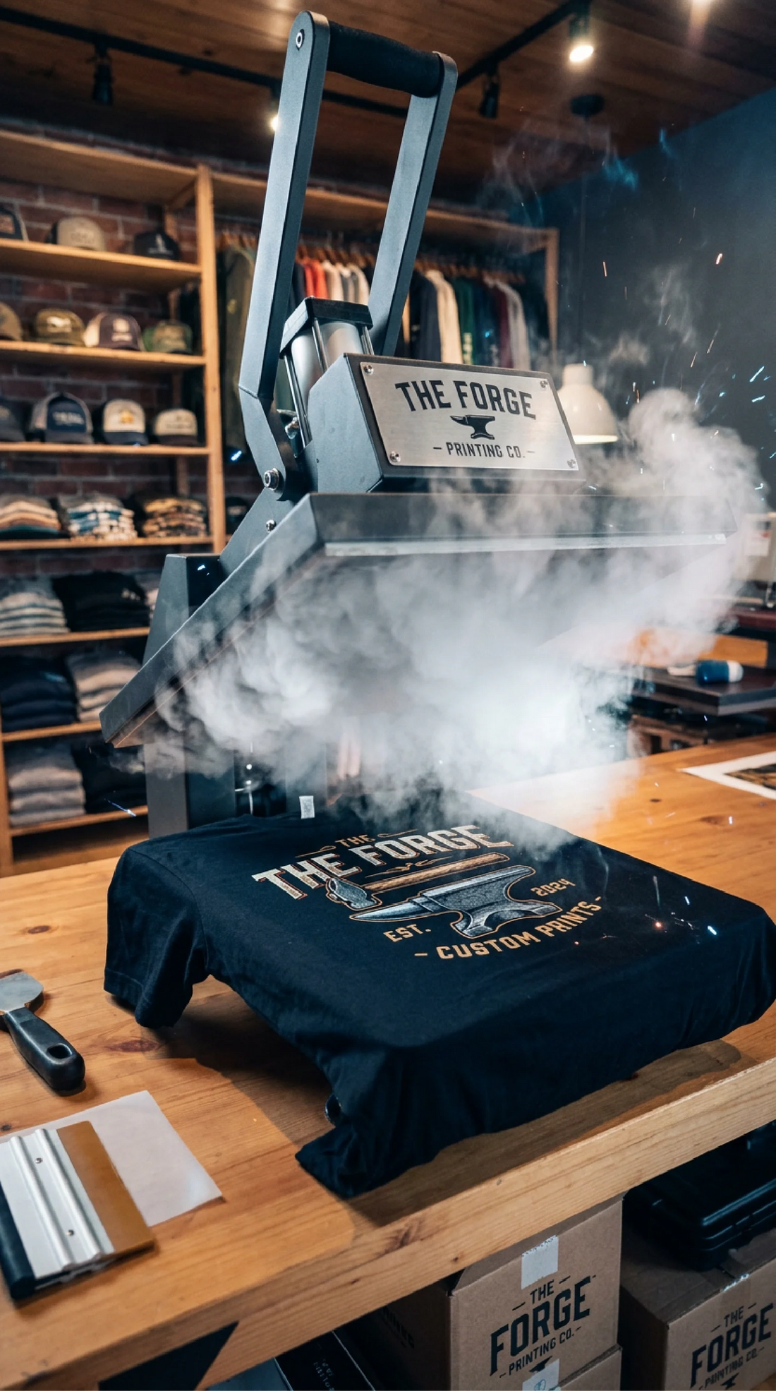 Custom tee pressed in the Dane Apparel shop