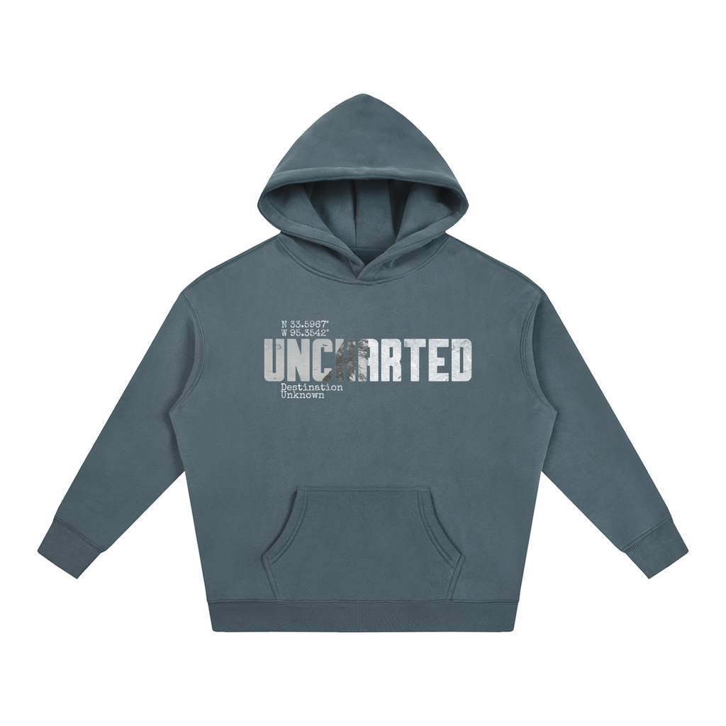 Valley Youth Uncharted Hoody — distressed UNCHARTED graphic with trip coordinates on heavyweight fleece