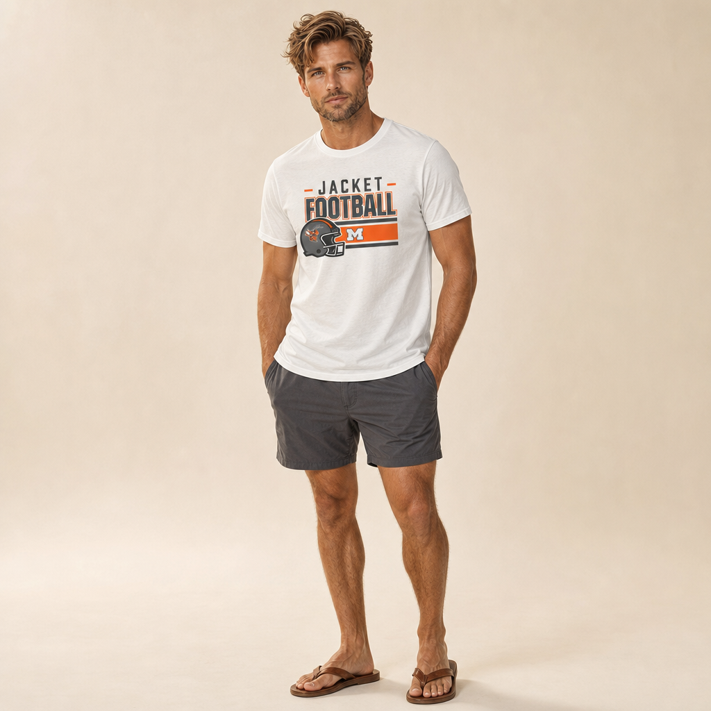 Man wearing white Mineola Jackets football soft blend tee, studio photo