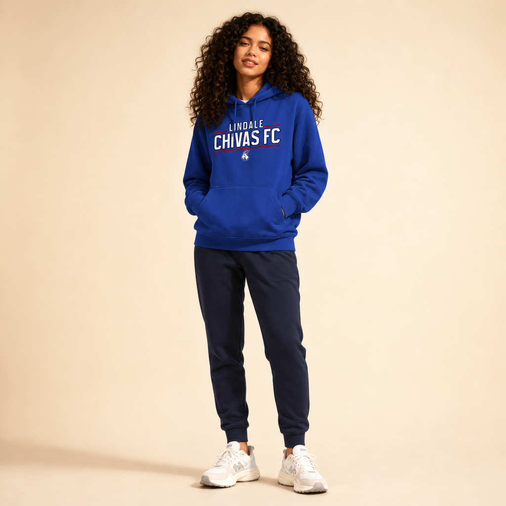 Woman wearing the Lindale Chivas Soccer Hoodie in True Royal with joggers and running shoes