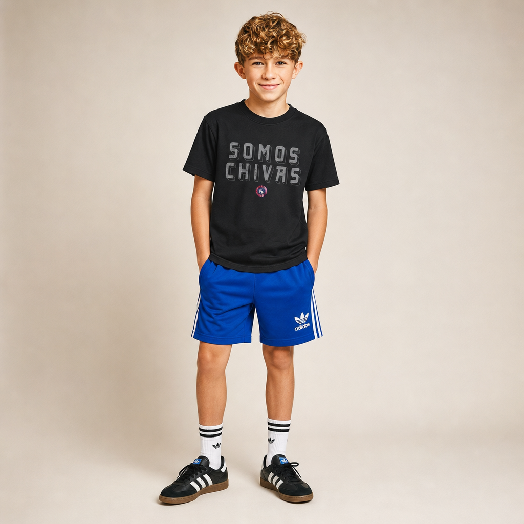 Boy wearing the Lindale Chivas Somos Chivas Youth Tee in Black with royal blue Adidas soccer shorts and Sambas