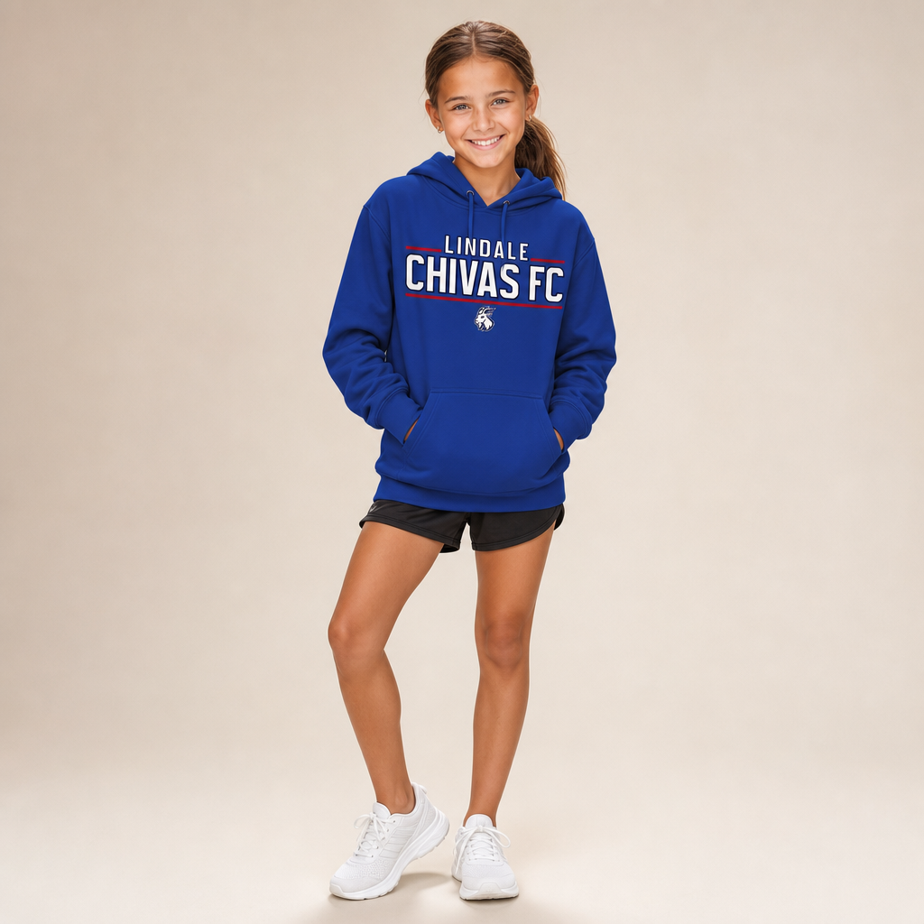 Girl wearing the Lindale Chivas Youth Soccer Hoodie in True Royal with athletic shorts and white running shoes