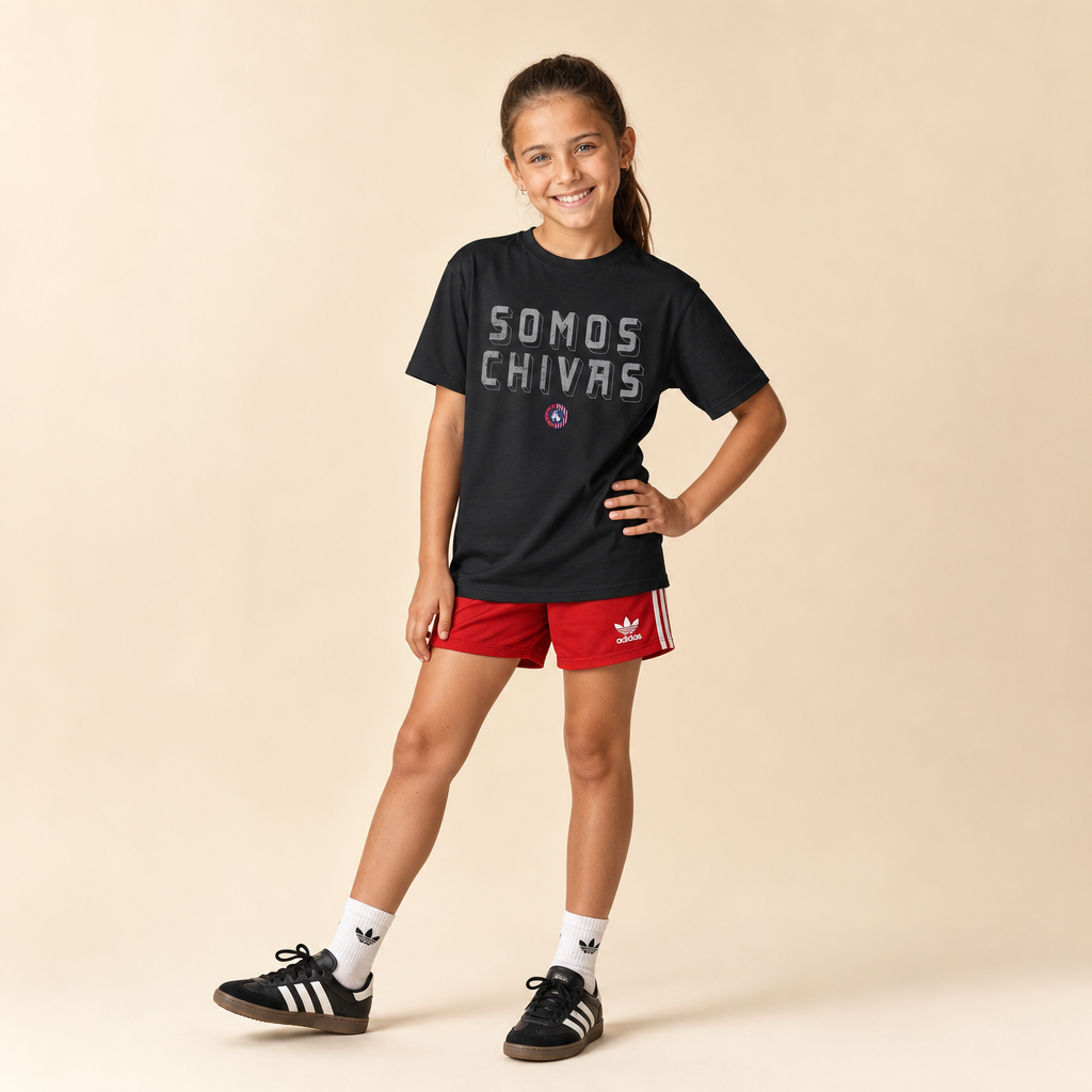 Girl wearing the Lindale Chivas Somos Chivas Youth Tee in Black with red Adidas soccer shorts and Sambas