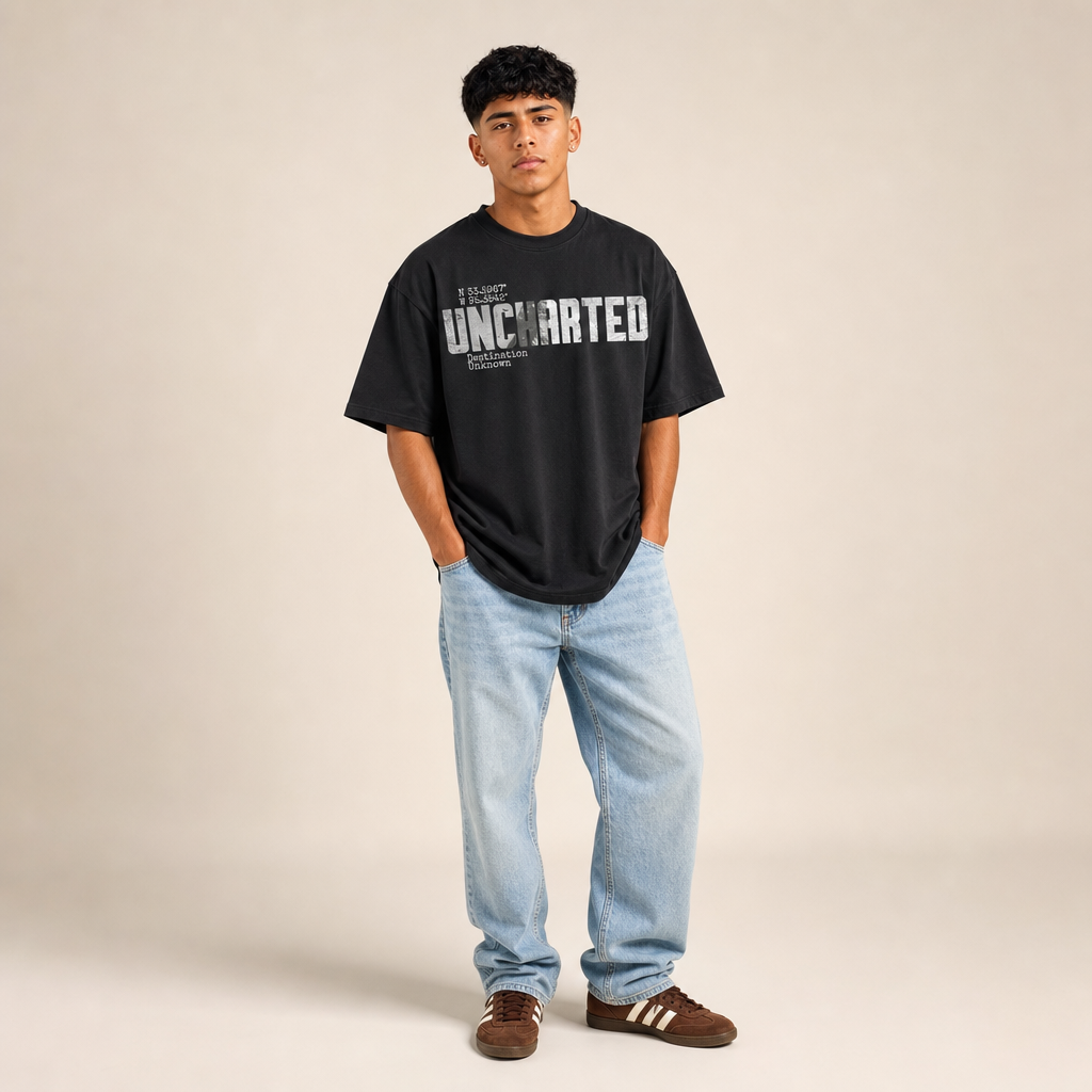 Valley Youth Uncharted Tee — distressed UNCHARTED graphic with trip coordinates on a heavyweight black tee, worn by a model
