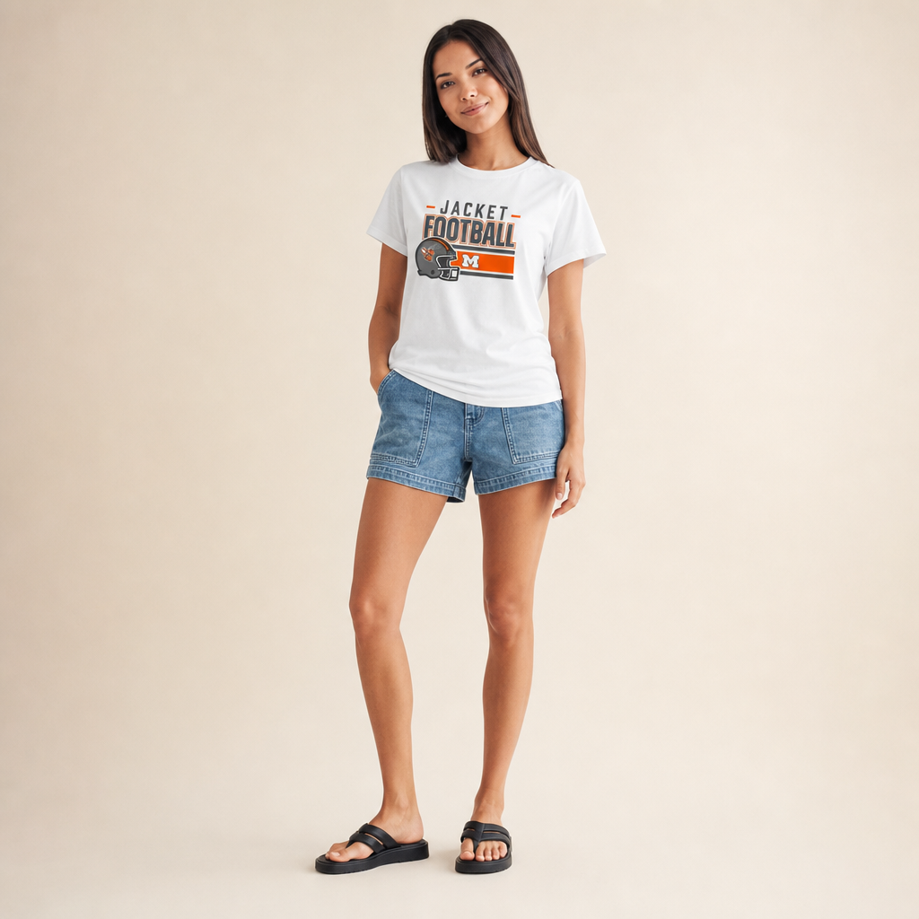 Woman wearing white Mineola Jackets football tee with denim shorts
