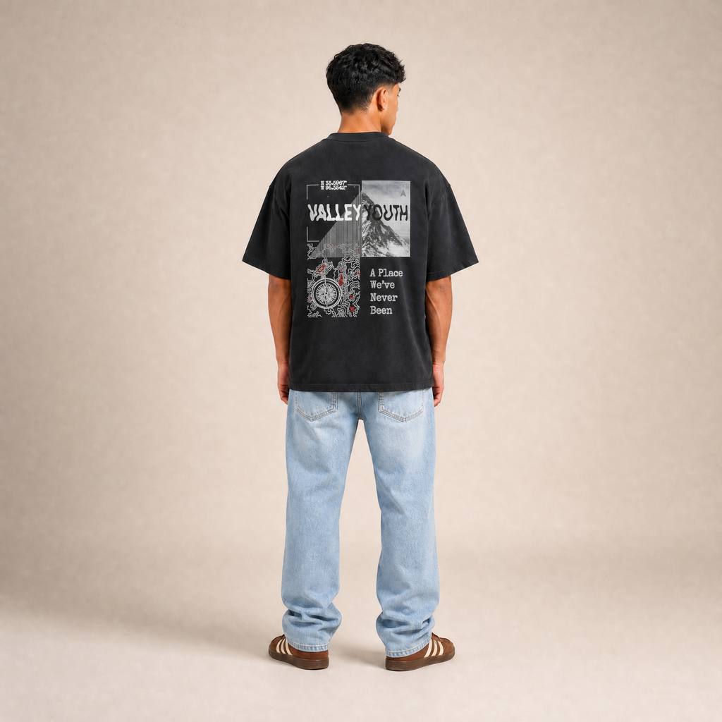Valley Youth Uncharted Tee in black, worn by a model