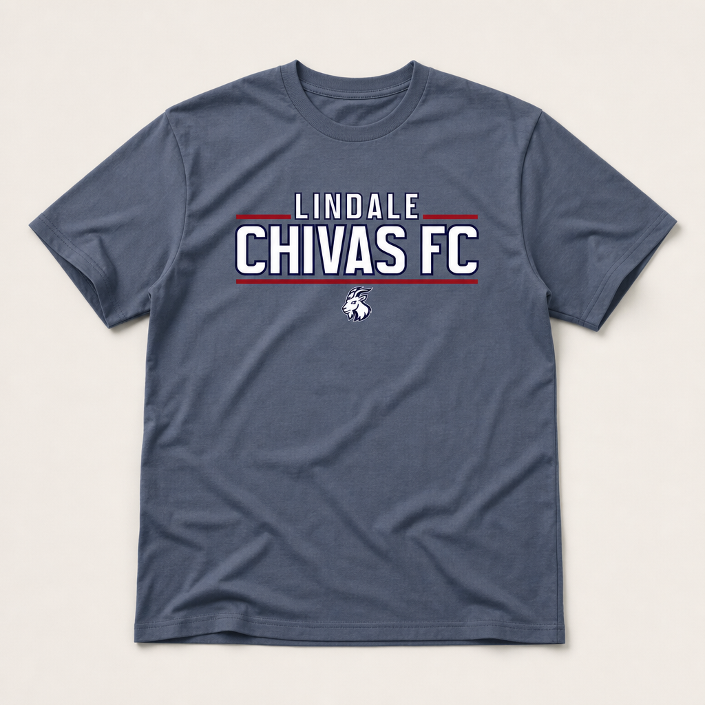 Lindale Chivas Wordmark Tee in Legion Blue, flat lay
