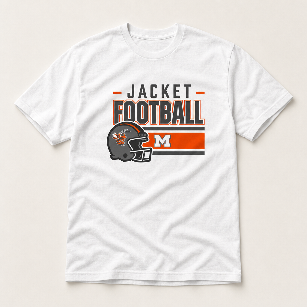 White Mineola Jackets football tee — flat lay, front view
