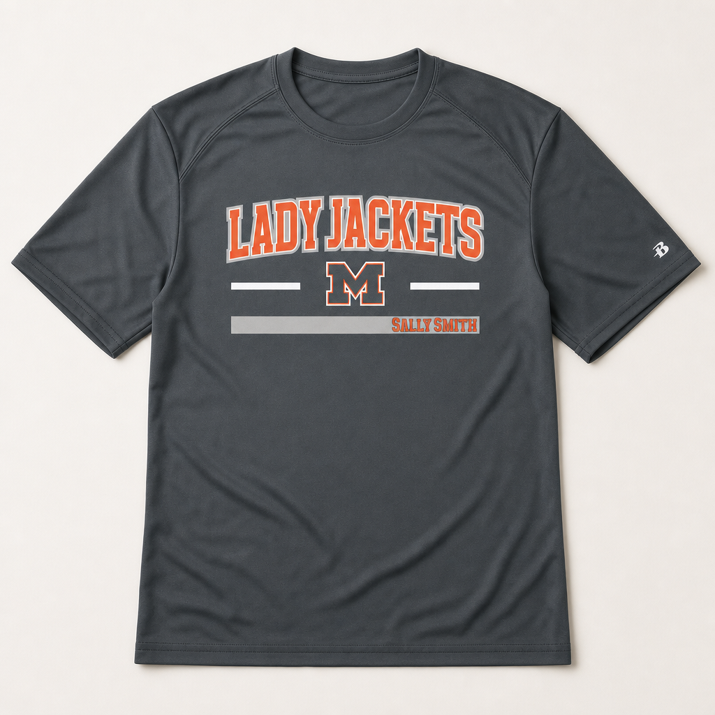 Mineola Lady Jackets athletics tee — flat lay, front view