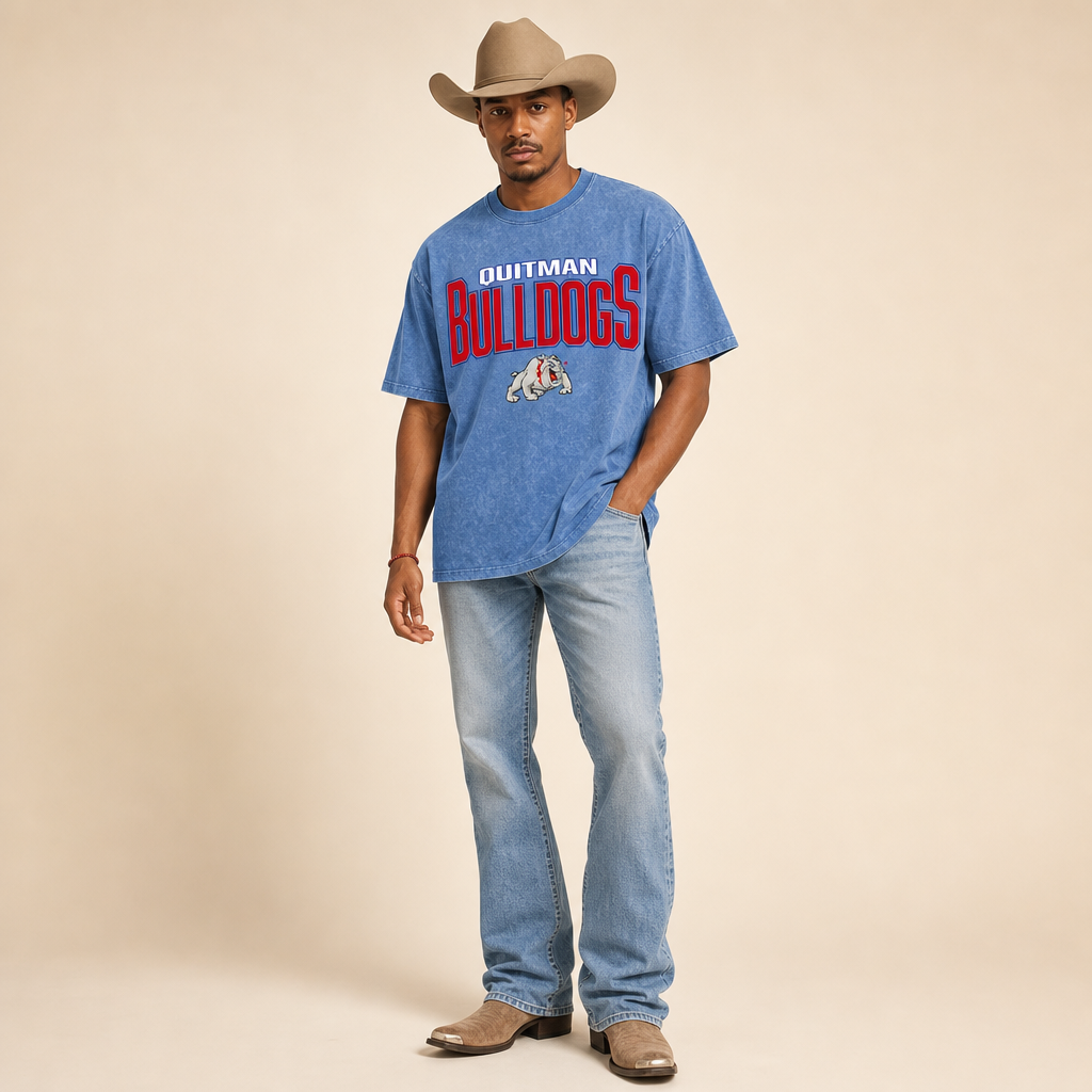 Quitman Bulldogs Snow Washed Tee in light blue, flat lay