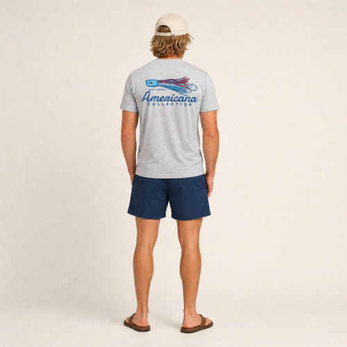 Americana Hooked on Freedom tee in Heather White, front view