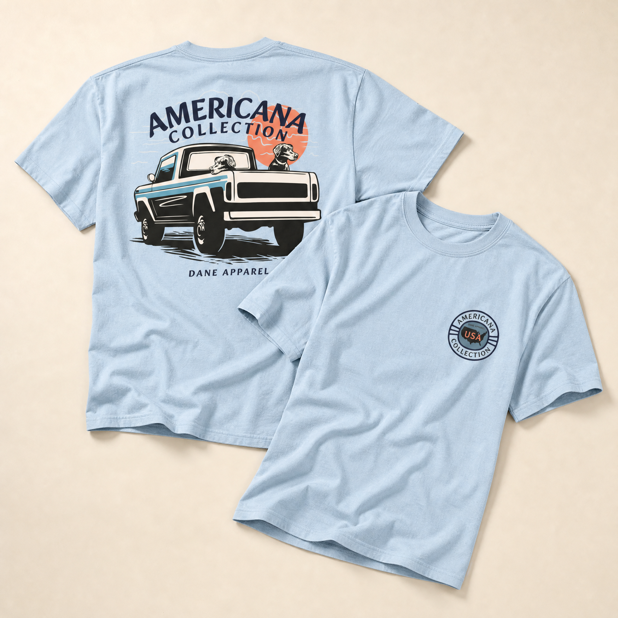 Sunset Scout Americana tee — full-front sunset graphic detail