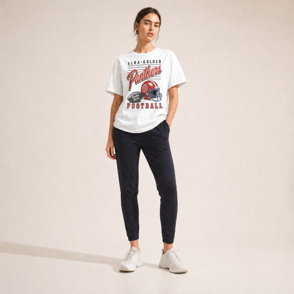 Alba-Golden Panthers Football Retro Tee — vintage helmet and Panthers script graphic on a Comfort Colors tee, worn by a model