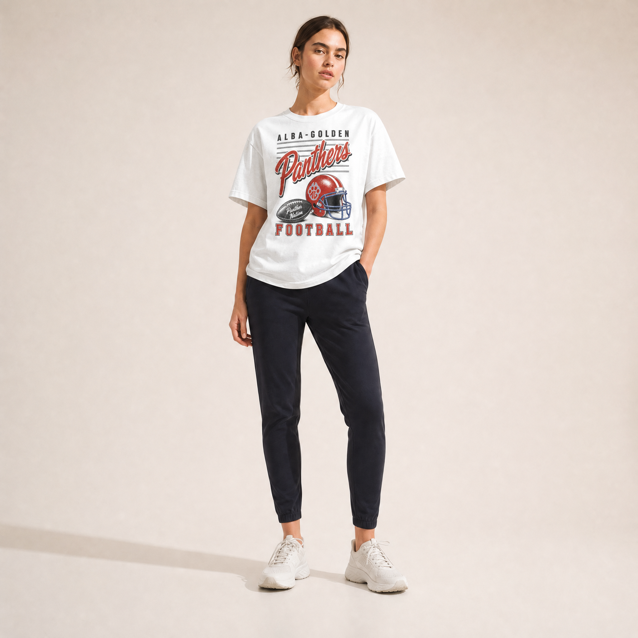 Alba-Golden Panthers Football Retro Tee — vintage helmet and Panthers script graphic on a Comfort Colors tee, worn by a model