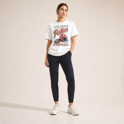 Alba-Golden Panthers Football Retro Tee — vintage helmet and Panthers script graphic on a Comfort Colors tee, worn by a model