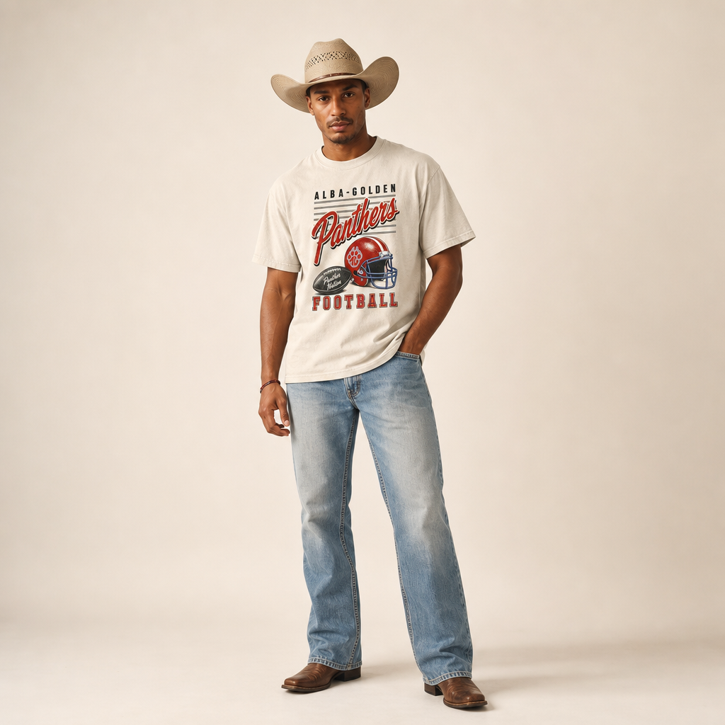 Alba-Golden Panthers Football Retro Tee worn untucked with bootcut jeans and boots