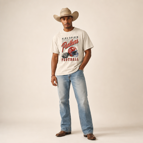 Alba-Golden Panthers Football Retro Tee worn untucked with bootcut jeans and boots