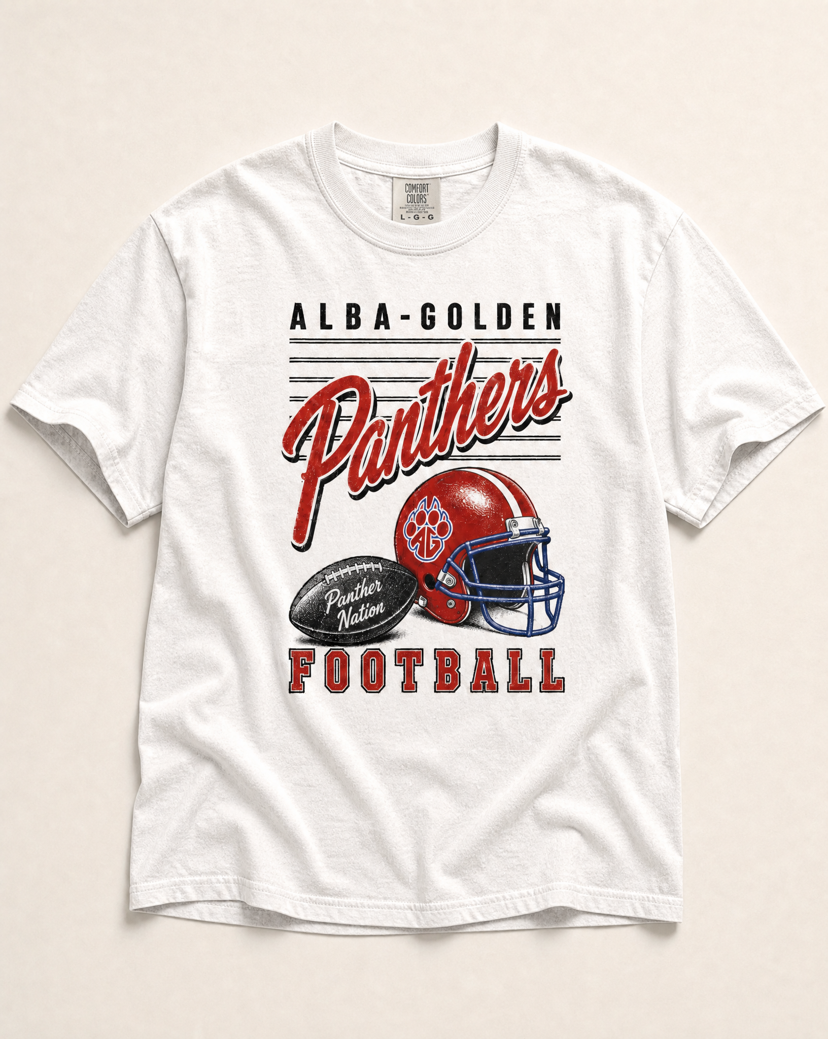 Alba-Golden Panthers Football Retro Tee flat lay, front graphic
