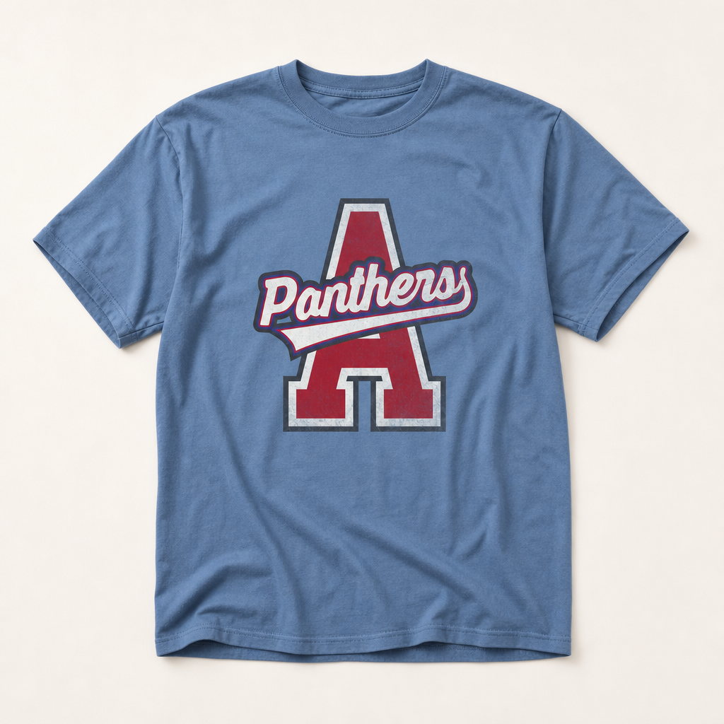 Alba-Golden Panthers Varsity Spirit Tee in Washed Denim, Comfort Colors C1717 flat lay