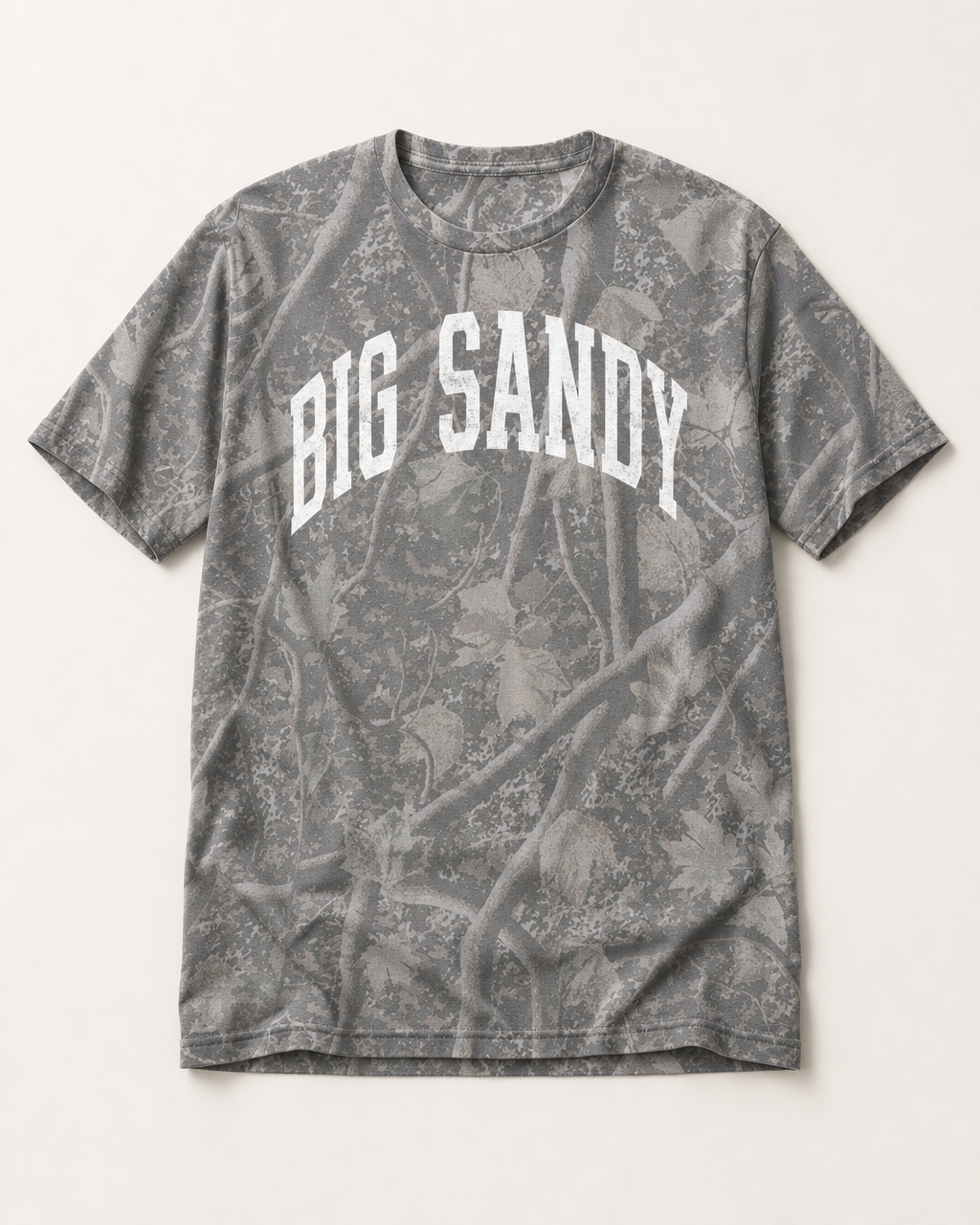 Big Sandy Premium Camo Tee flat lay on Deadwood Tree Camo