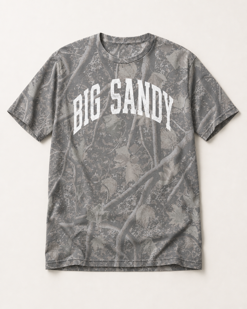 Big Sandy Premium Camo Tee flat lay on Deadwood Tree Camo