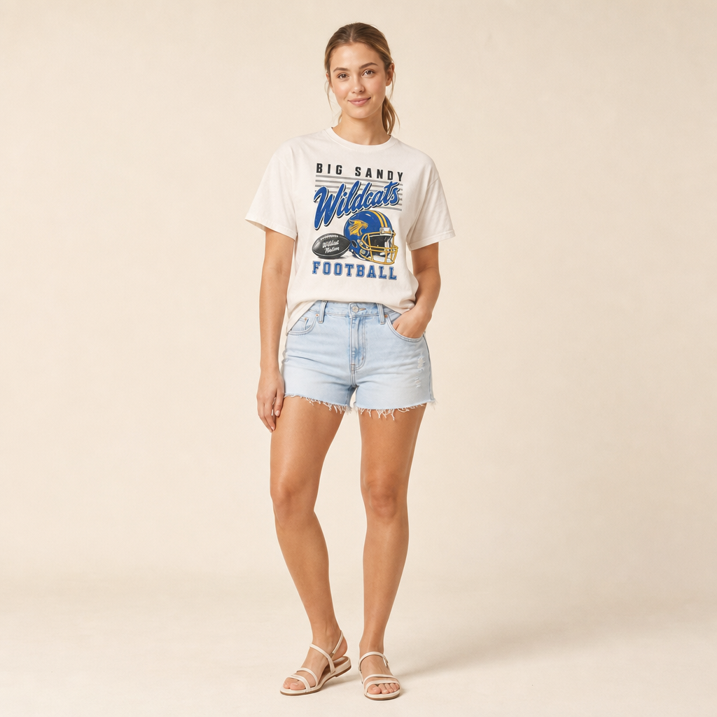 Big Sandy Wildcats Football Retro Tee in ivory — vintage helmet and Wildcats script graphic, worn by a model