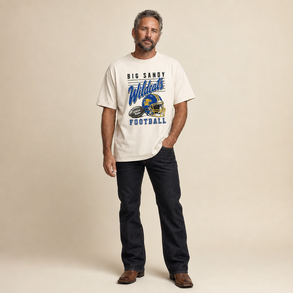 Big Sandy Wildcats Football Retro Tee worn untucked with bootcut jeans and boots