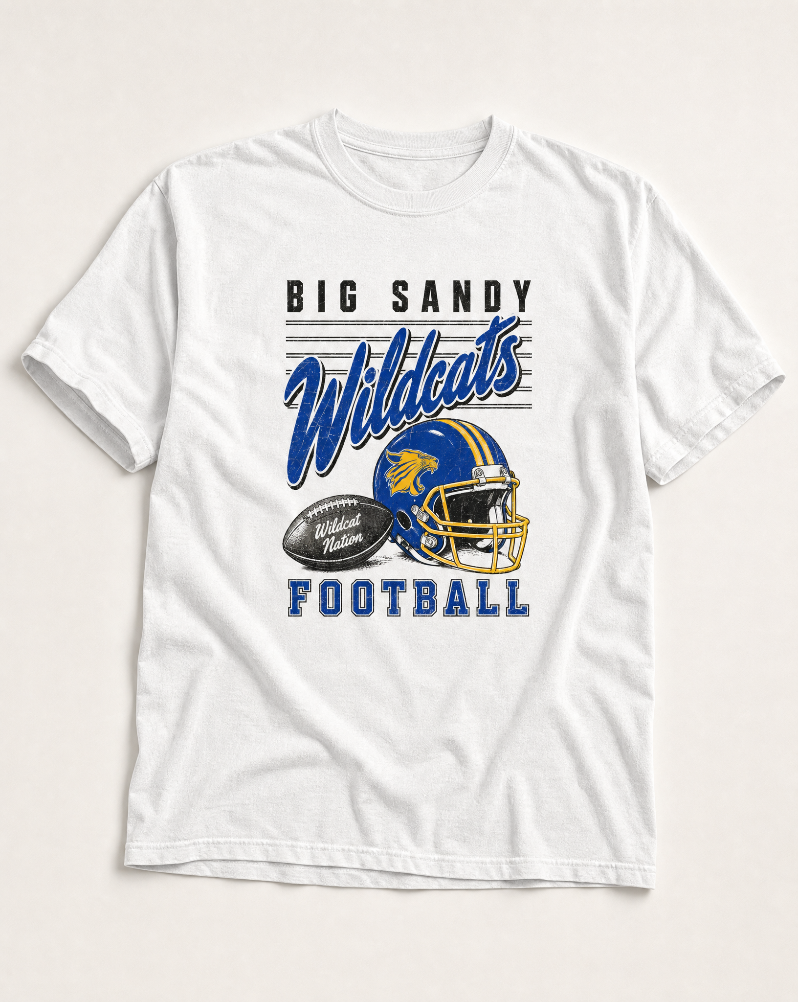 Big Sandy Wildcats Football Retro Tee flat lay, front graphic