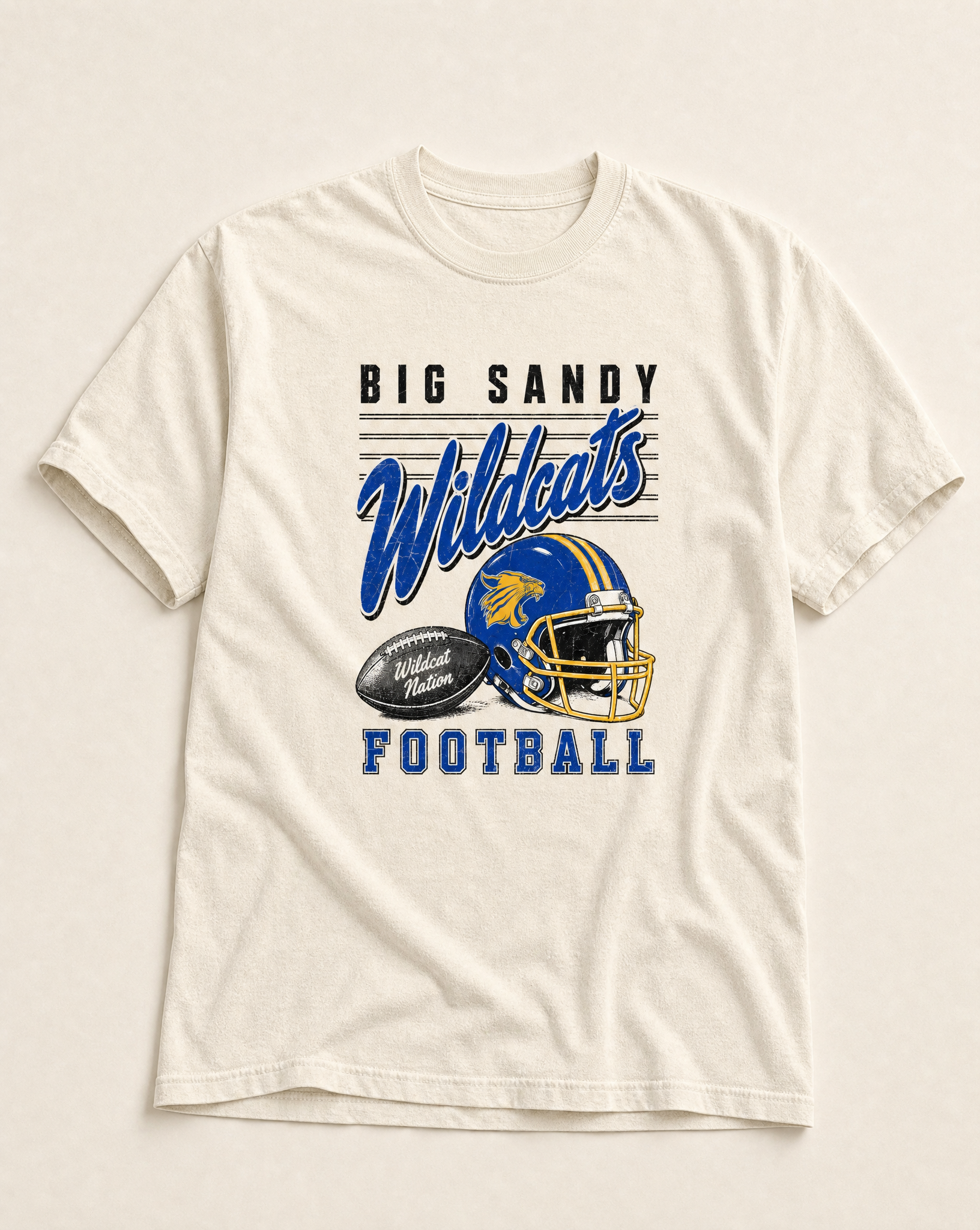 Big Sandy Wildcats Football Retro Tee in ivory, flat lay