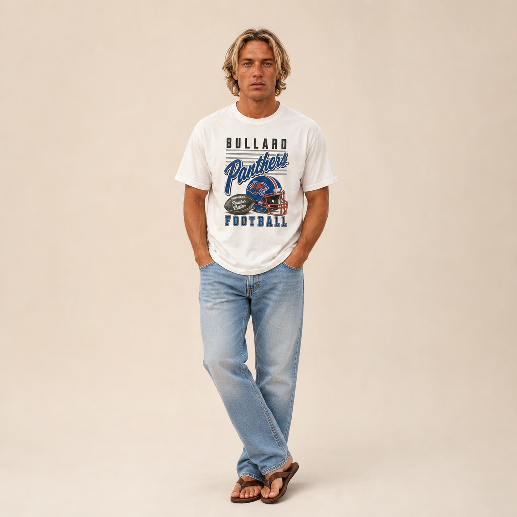Bullard Panthers Football Retro Tee worn untucked with jeans