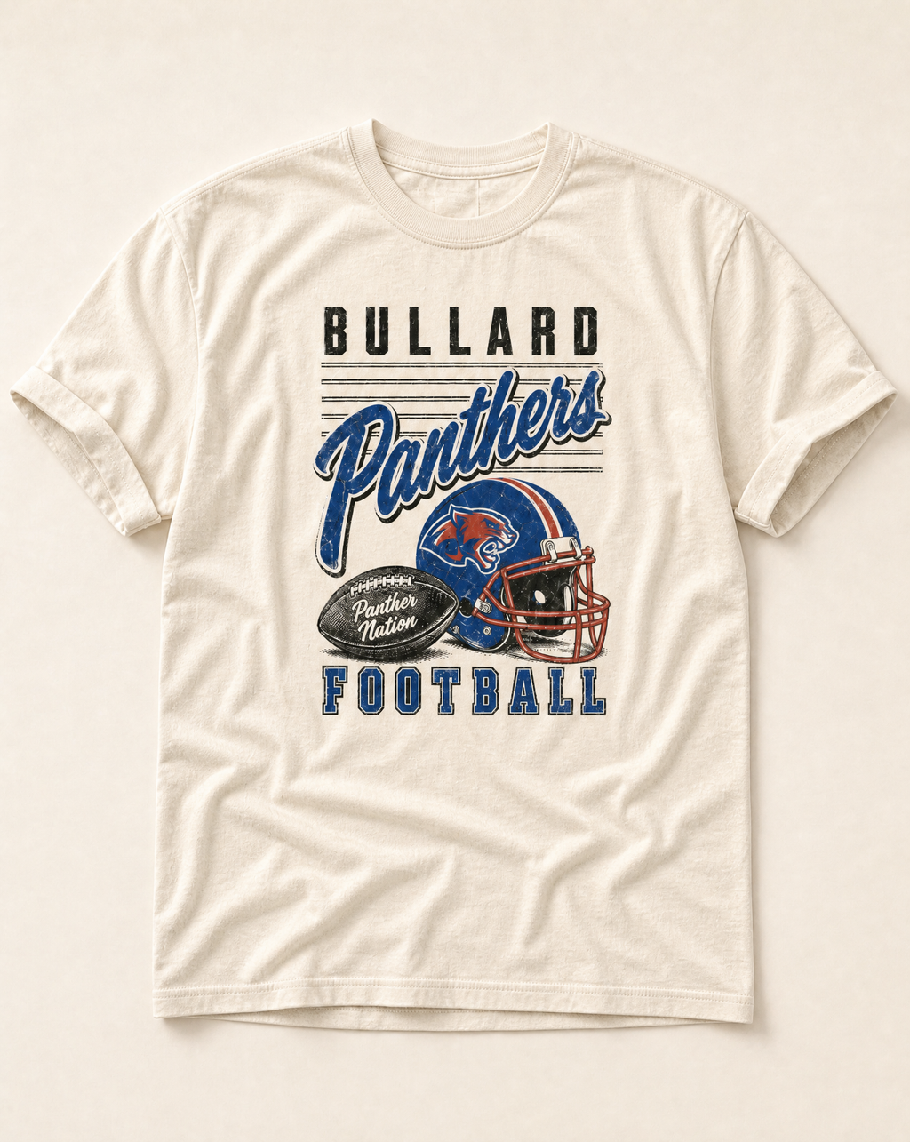 Bullard Panthers Football Retro Tee in ivory, flat lay