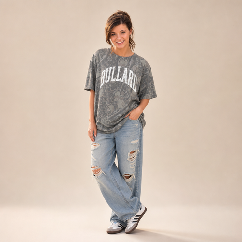Bullard Premium Camo Tee — BULLARD in a white varsity arch on grey Deadwood Tree Camo, worn by a model