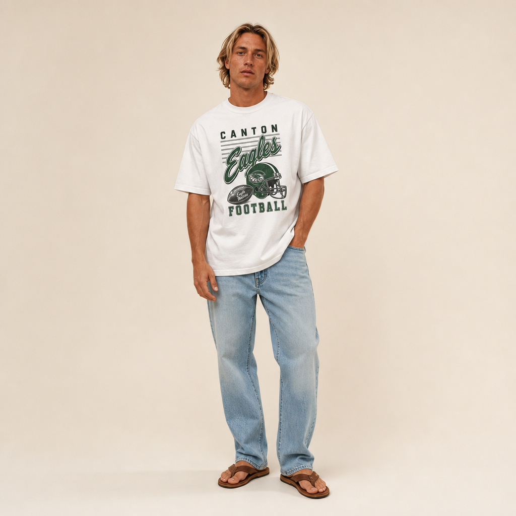 Canton Eagles Football Retro Tee worn untucked with jeans