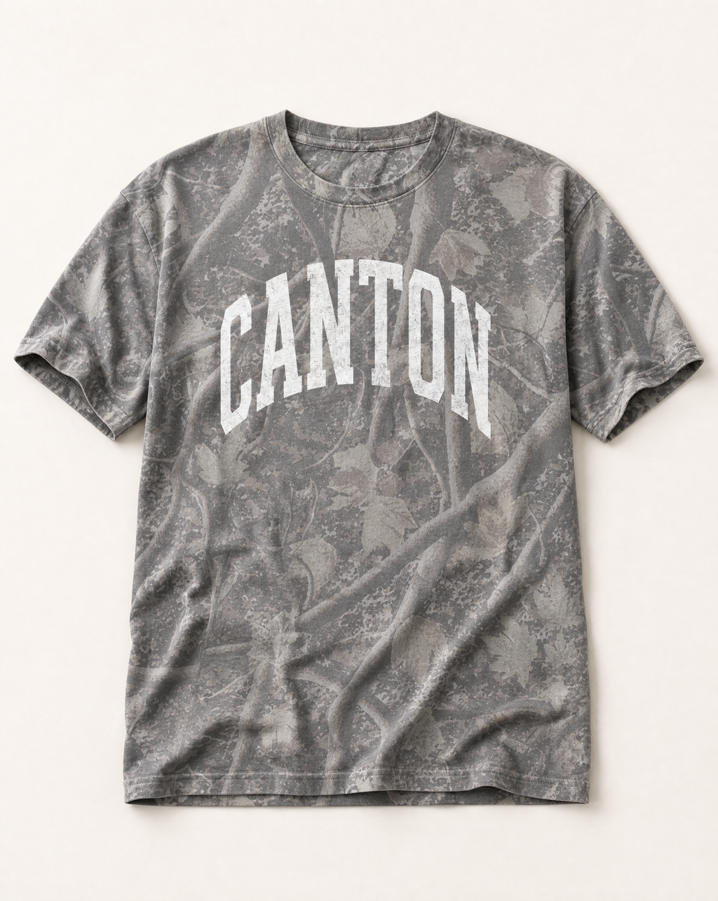 Canton Premium Camo Tee flat lay on Deadwood Tree Camo