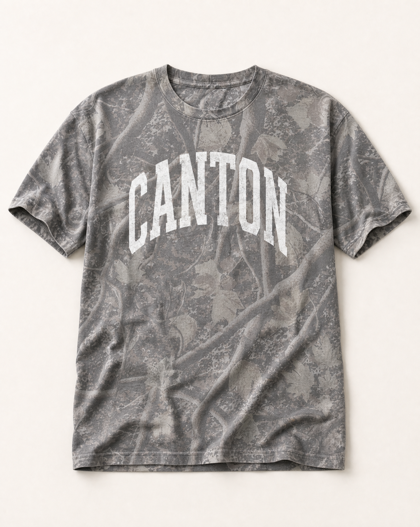 Canton Premium Camo Tee flat lay on Deadwood Tree Camo