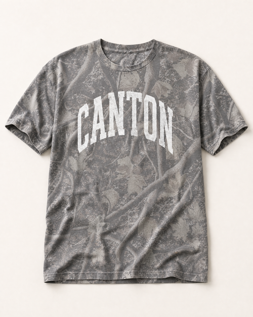 Canton Premium Camo Tee flat lay on Deadwood Tree Camo
