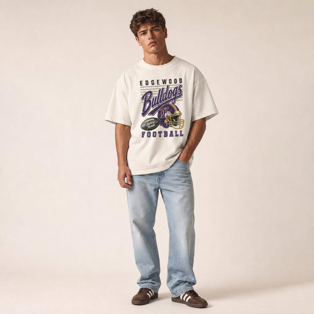 Edgewood Bulldogs Football Retro Tee worn untucked with jeans