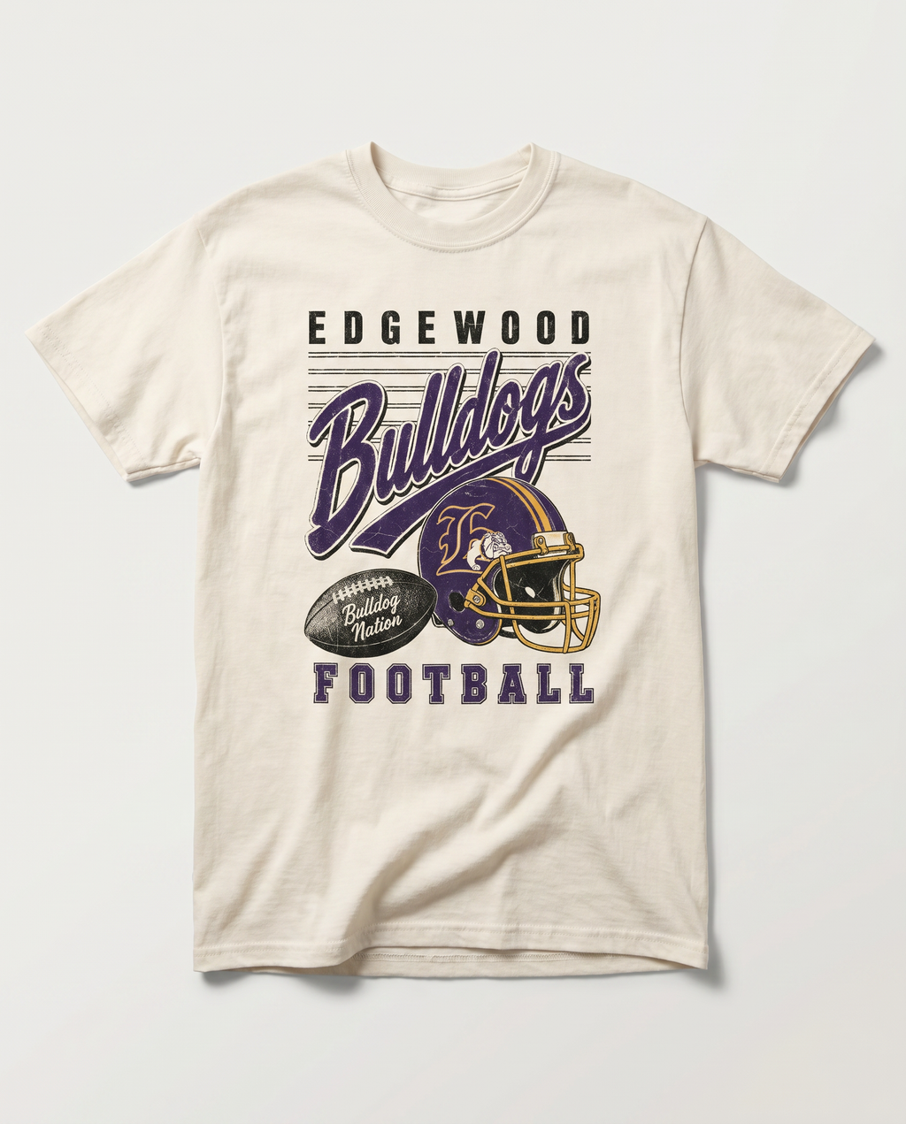 Edgewood Bulldogs Football Retro Tee flat lay, front graphic