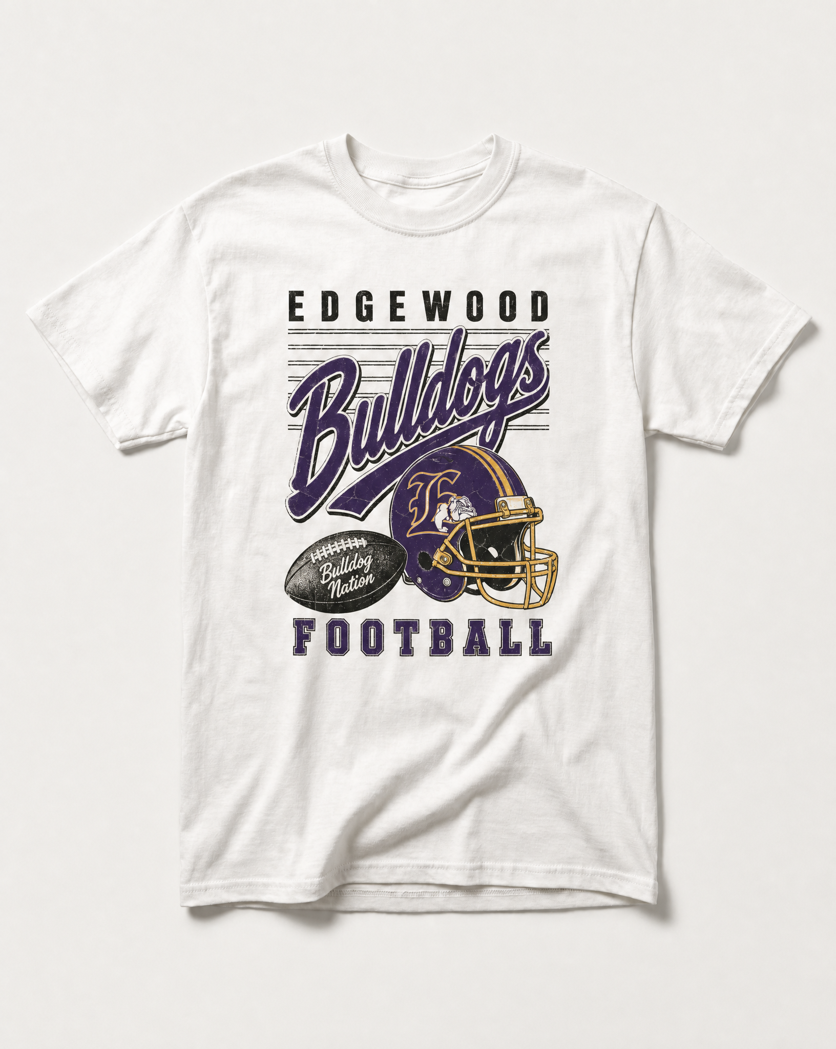 Edgewood Bulldogs Football Retro Tee in white, flat lay