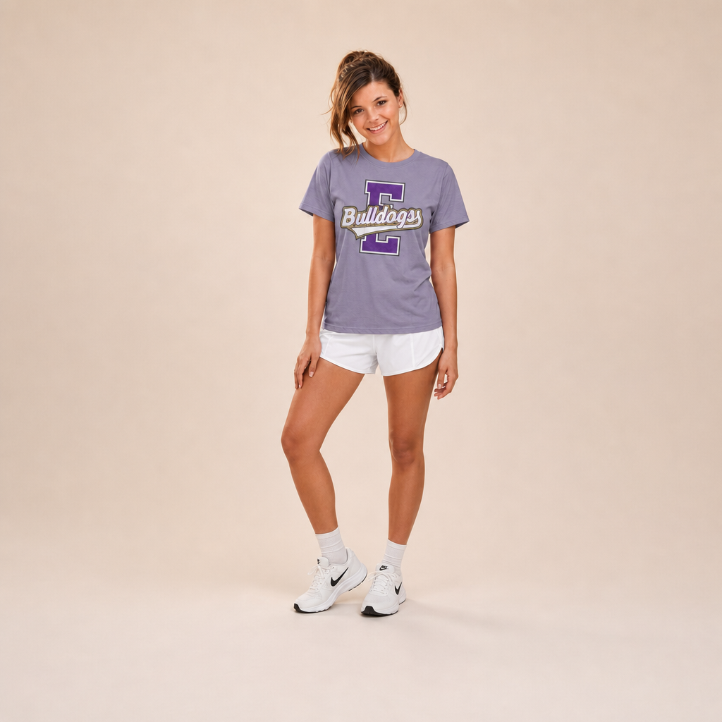 Model wearing the Edgewood Bulldogs Varsity Spirit Tee in Wine by Dane Apparel