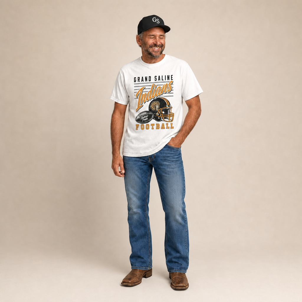 Grand Saline Indians Football Retro Tee worn untucked with jeans and boots