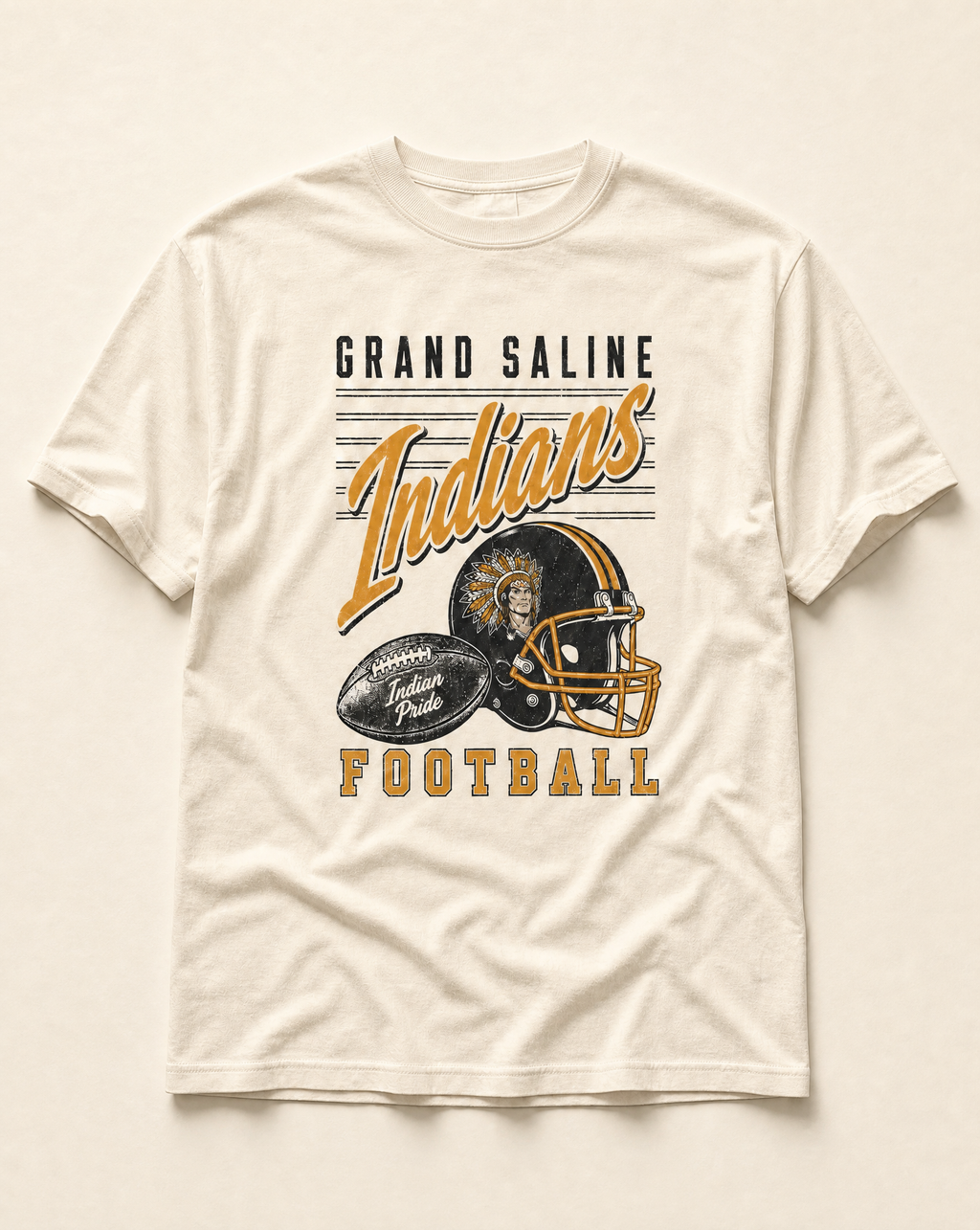 Grand Saline Indians Football Retro Tee in ivory, flat lay