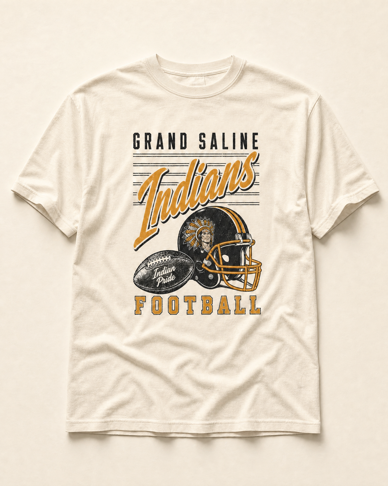 Grand Saline Indians Football Retro Tee in ivory, flat lay