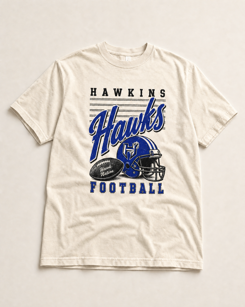 Hawkins Hawks Football Retro Tee in ivory, flat lay