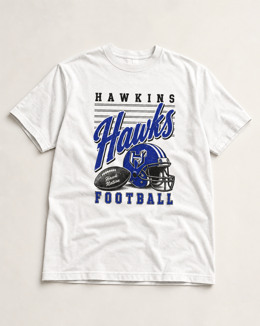 Hawkins Hawks Football Retro Tee flat lay, front graphic