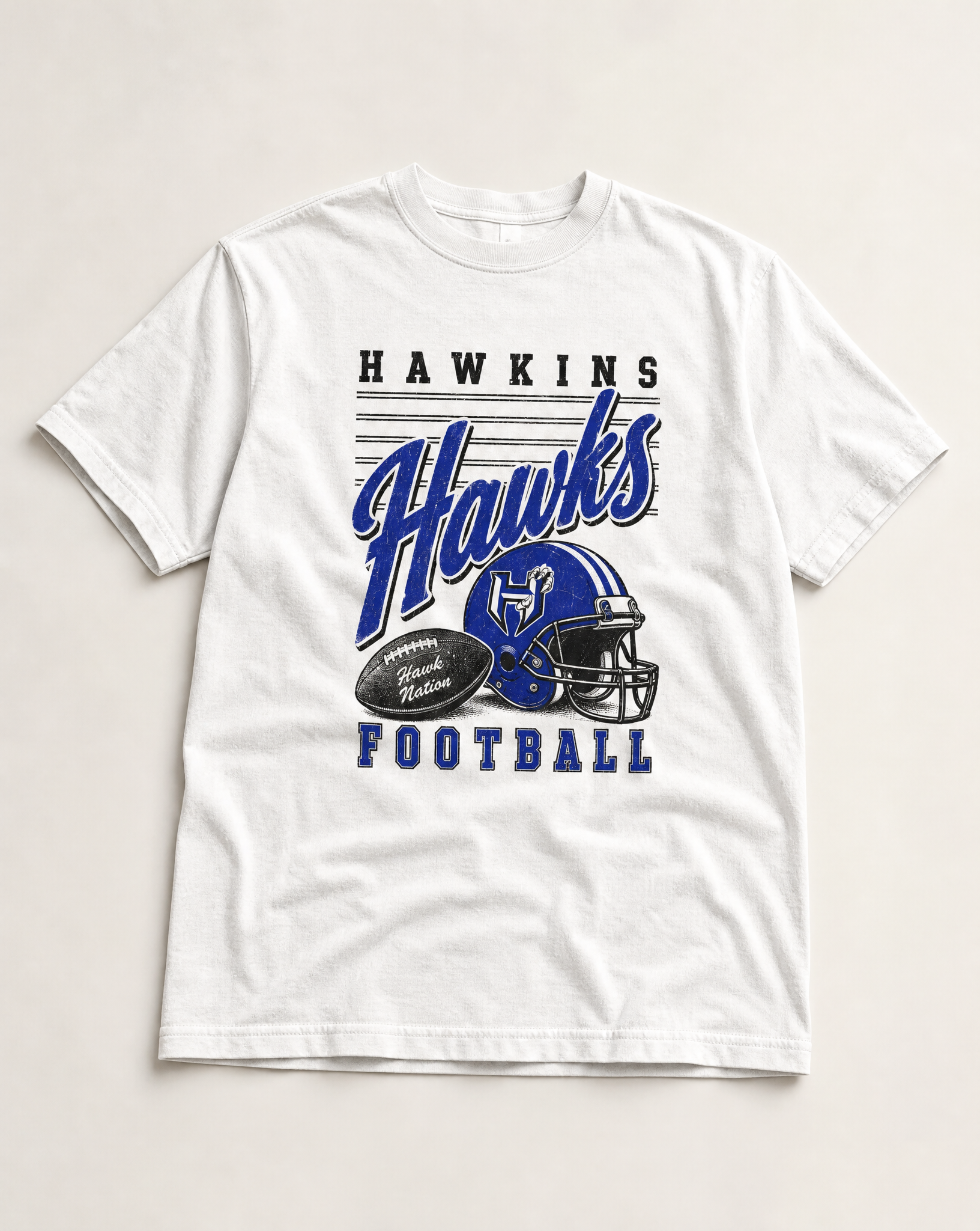 Hawkins Hawks Football Retro Tee flat lay, front graphic