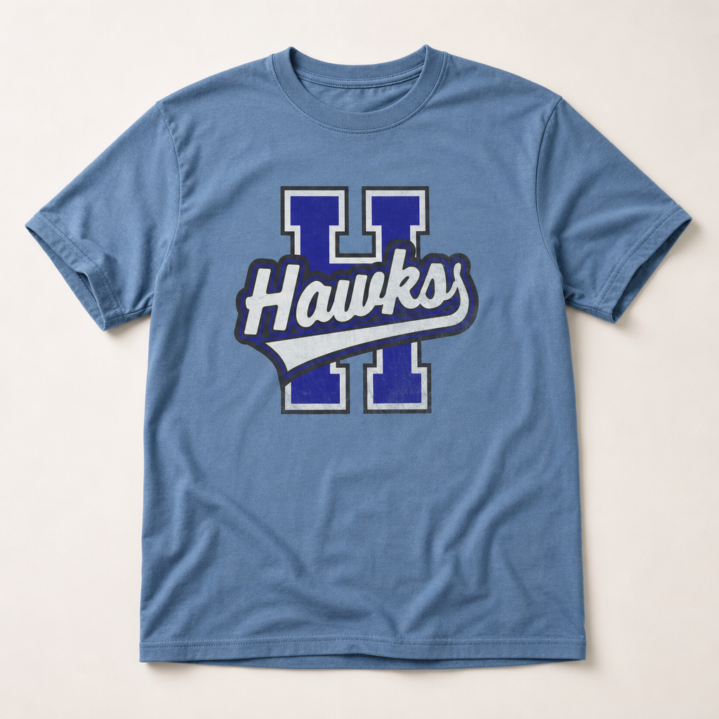 Hawkins Hawks Varsity Spirit Tee in Washed Denim, Comfort Colors C1717 flat lay