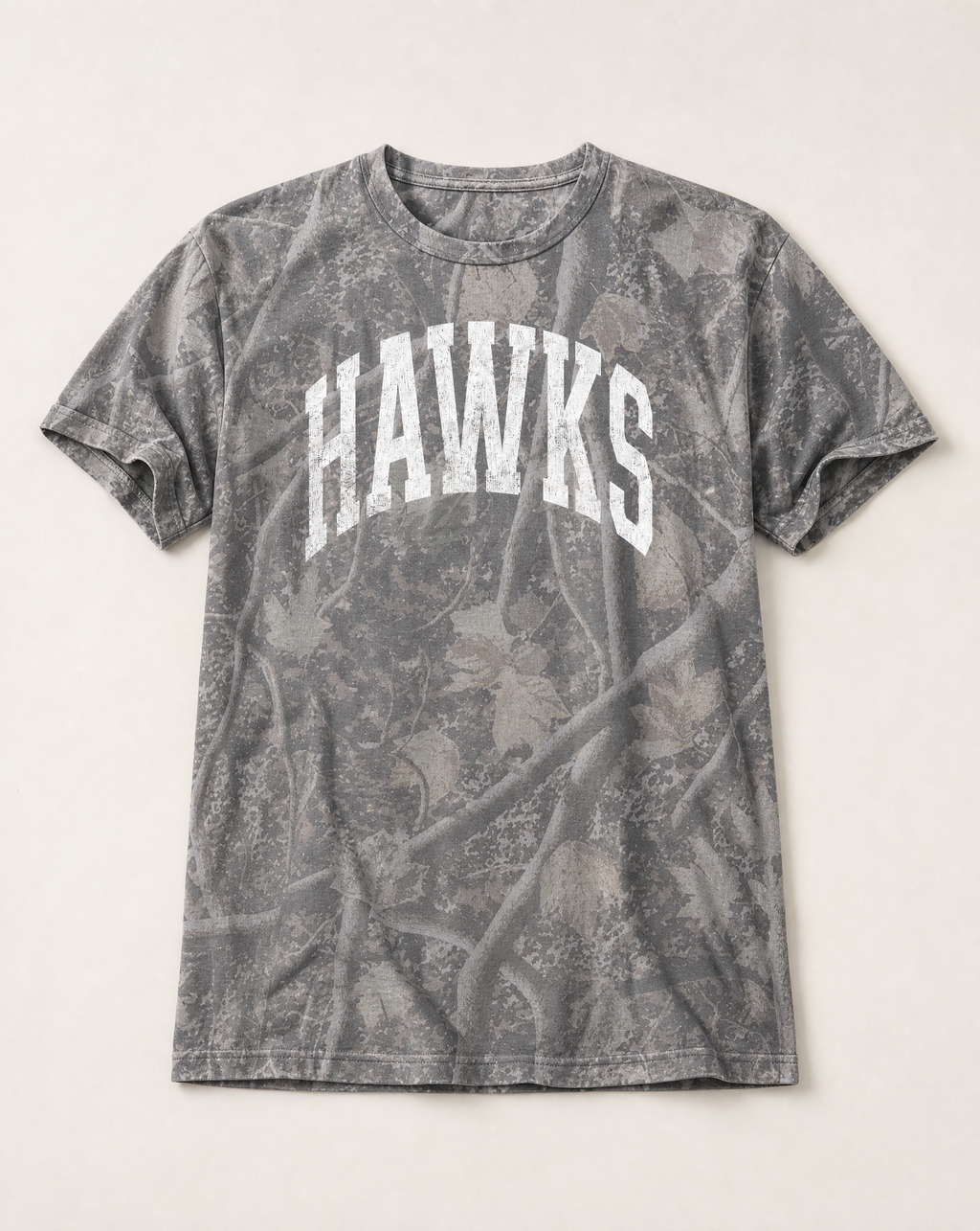 Hawkins Premium Camo Tee flat lay on Deadwood Tree Camo