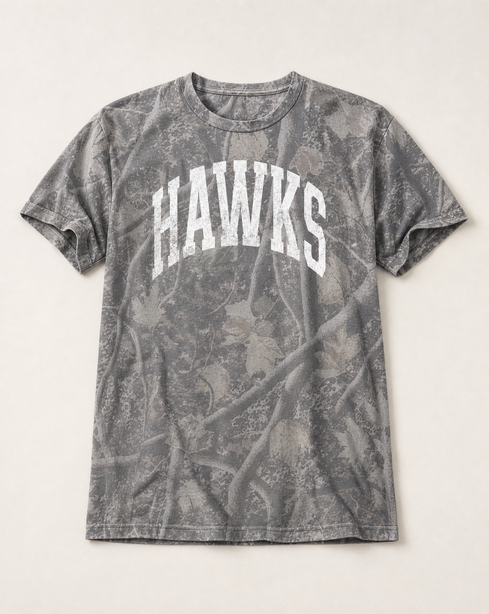 Hawkins Premium Camo Tee flat lay on Deadwood Tree Camo