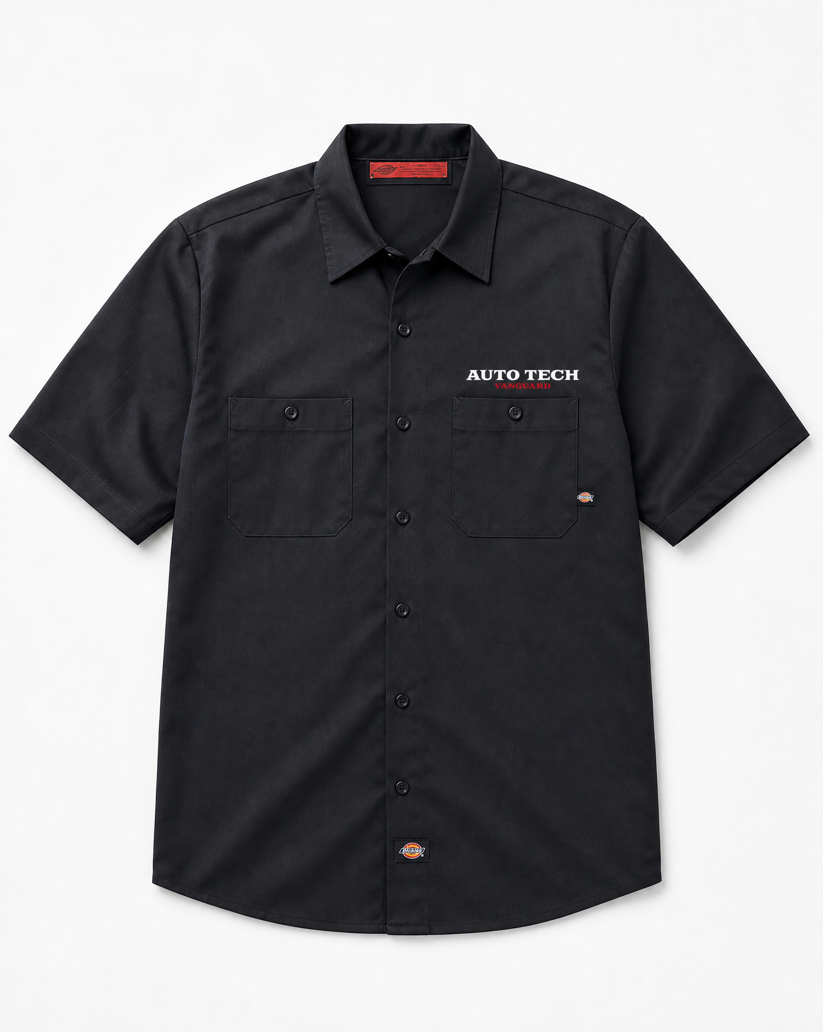 Vanguard Autotech Dickies shop shirt flat lay, front